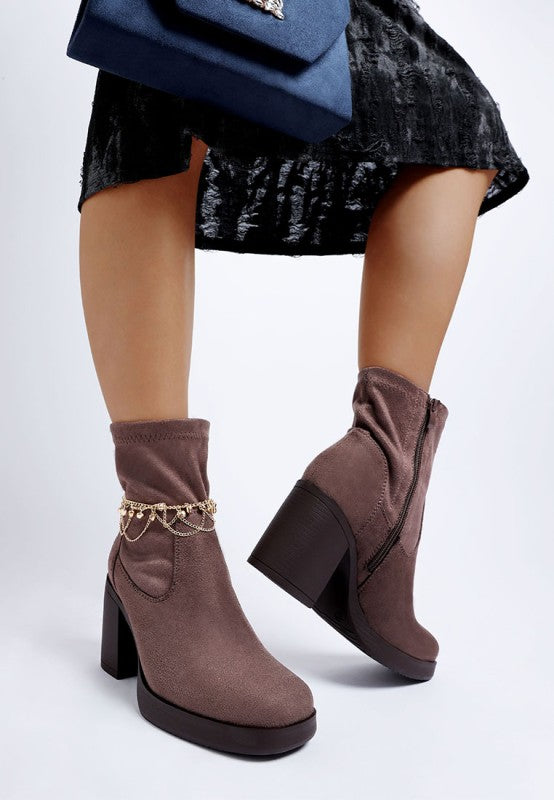 Taupe microfiber sock boots with ankle jewelry chain, chunky block heel, side zipper