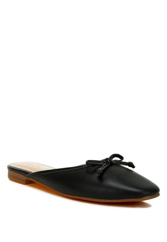 Black slip-on flat mule with bow detail across the vamp