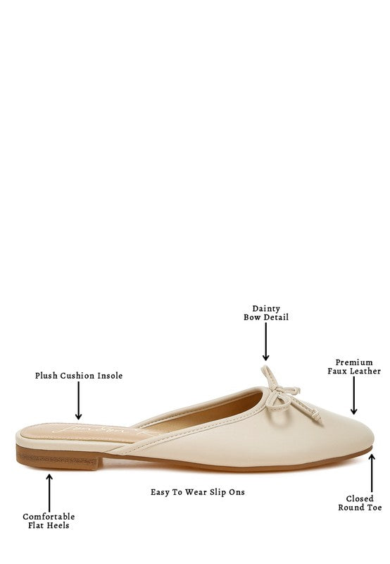 Beige bow slip-on flat mules with cushioned insole, closed round toe, faux leather