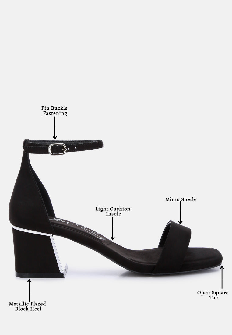 Black block heel sandals: pin-buckle ankle strap, cushioned insole, open square toe