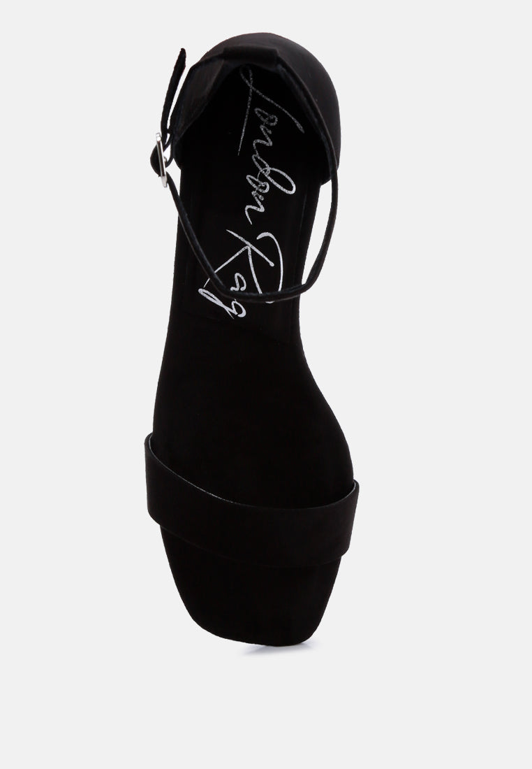 Eshe Block Heel Sandals (Black) back view with ankle strap and buckle