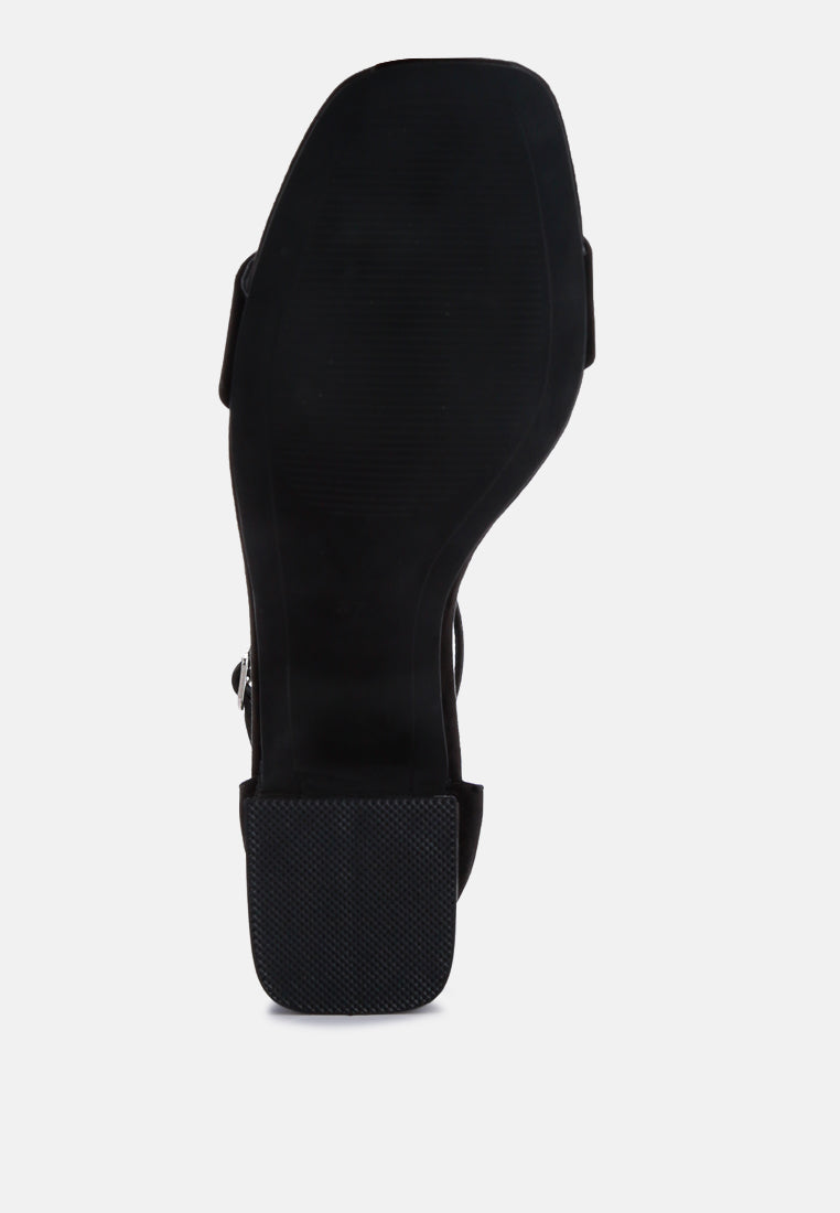 Black block heel sandals with open square toe and ankle strap
