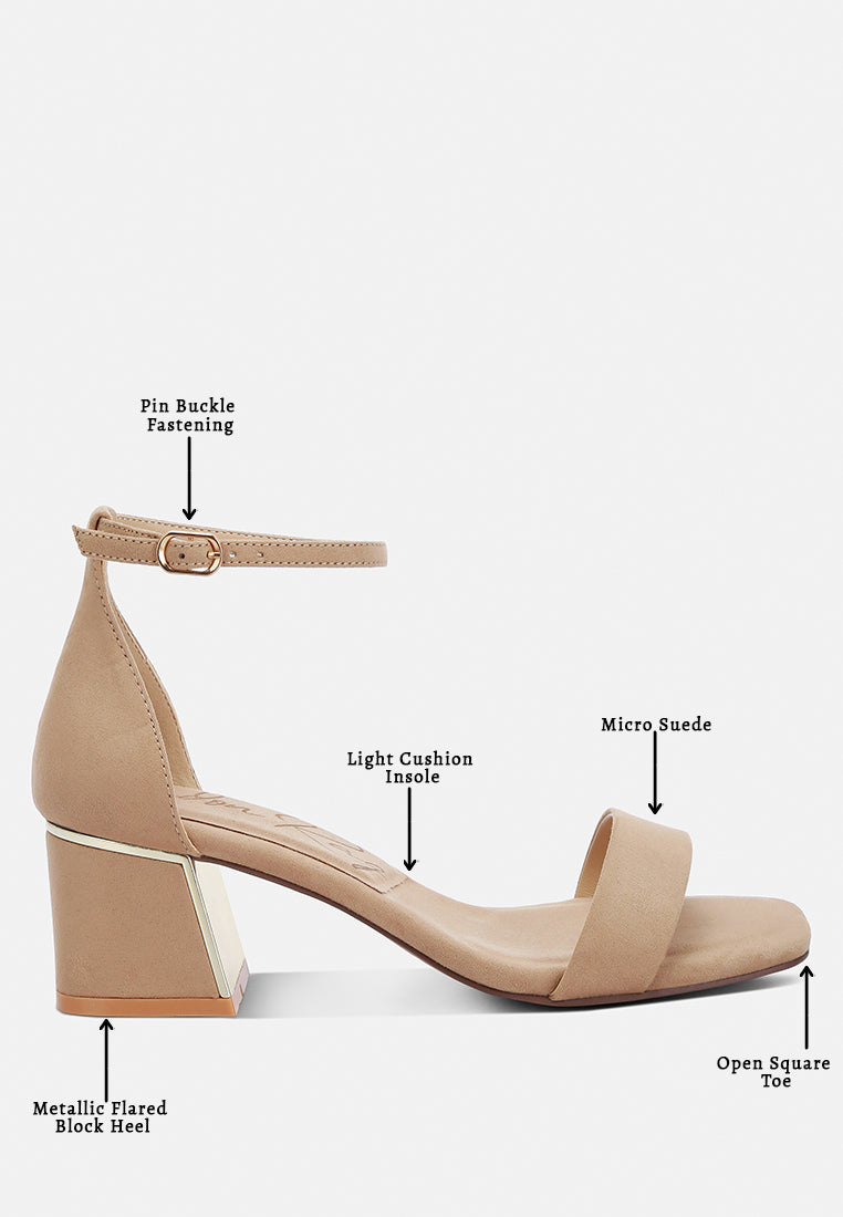 Eshe Block Heel Sandals (Taupe) labeled features: open square toe, light insole