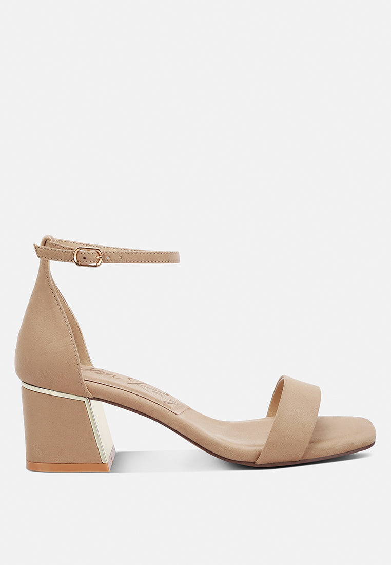 Eshe Block Heel Sandals (Taupe) with ankle strap and square open toe