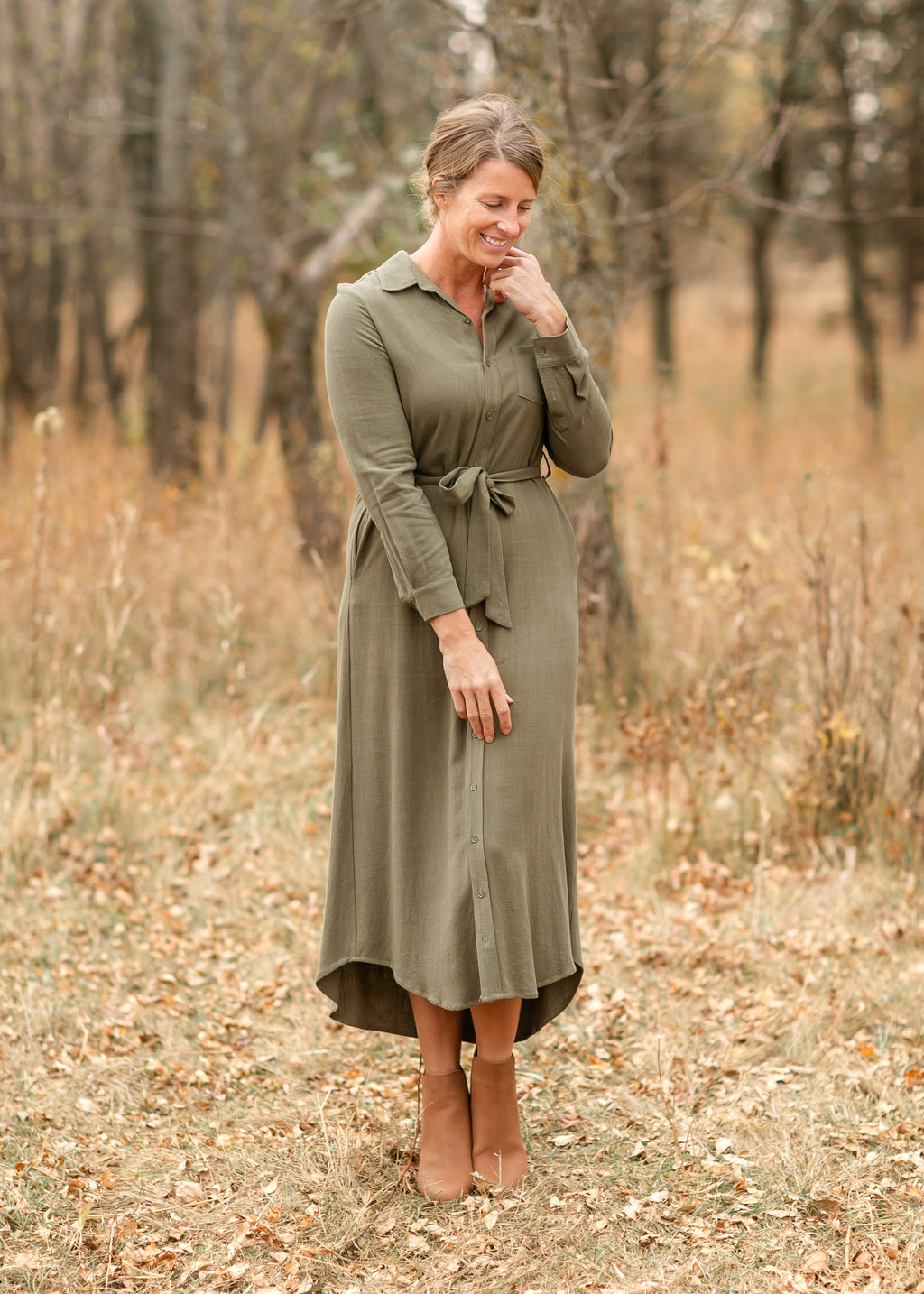 Essential Olive Long Sleeve Linen Shirt Dress - FINAL SALE