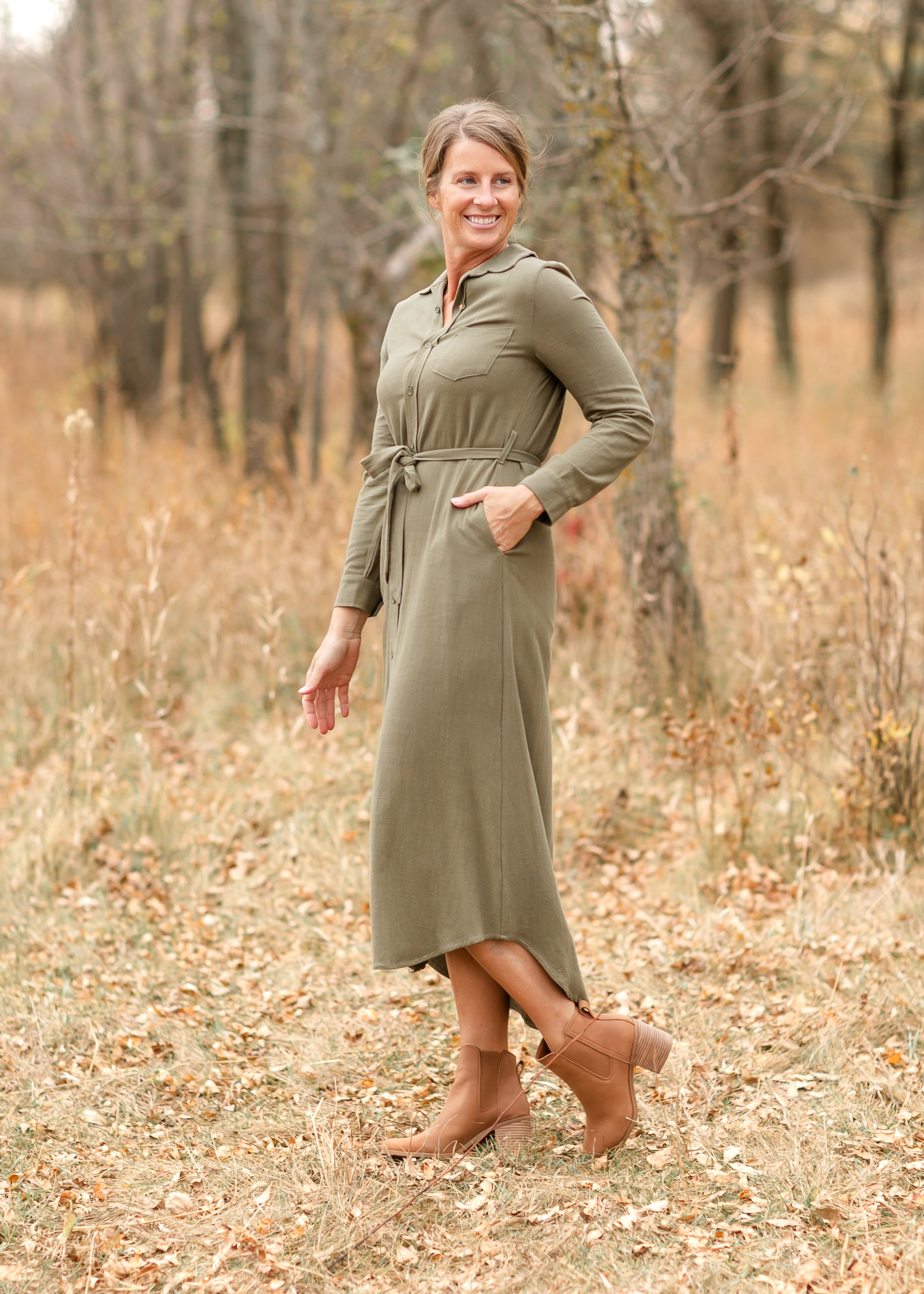 Essential Olive Long Sleeve Linen Shirt Dress - FINAL SALE