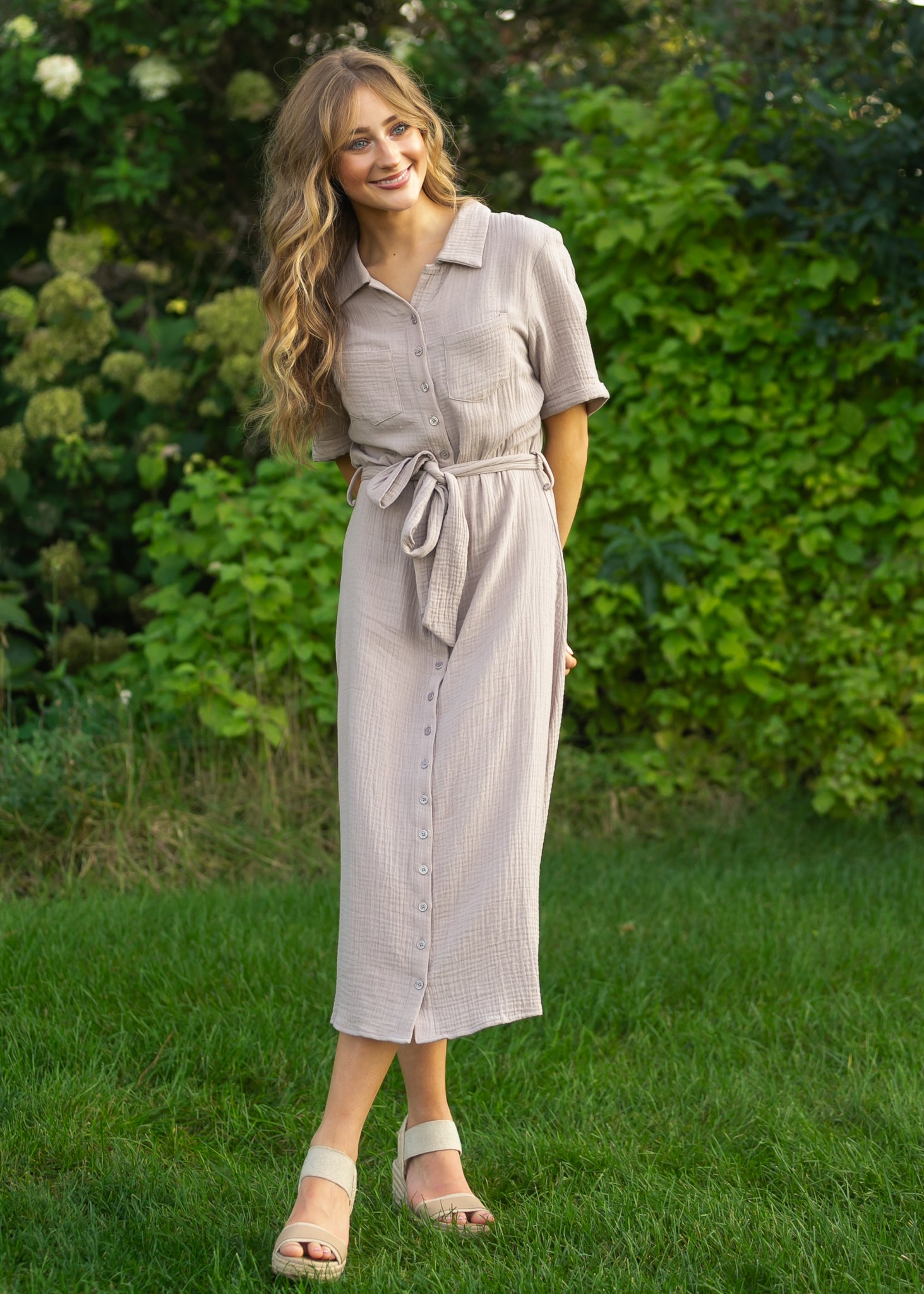 Essential Taupe Short Sleeve Gauze Shirt Dress