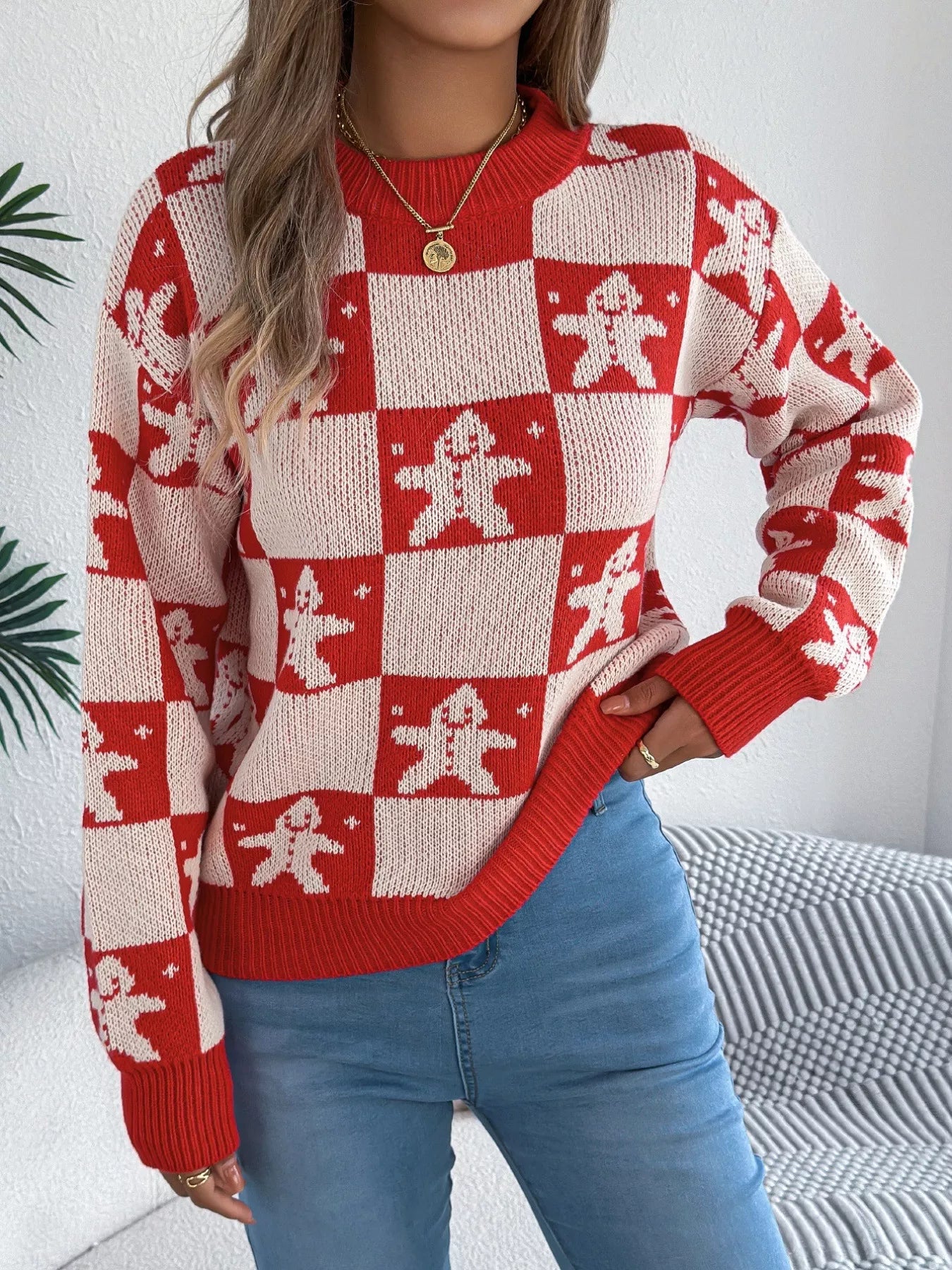 Christmas Checkerboard Gingerbread Round Neck Sweater - Tigbul's Variety Fashion Shop