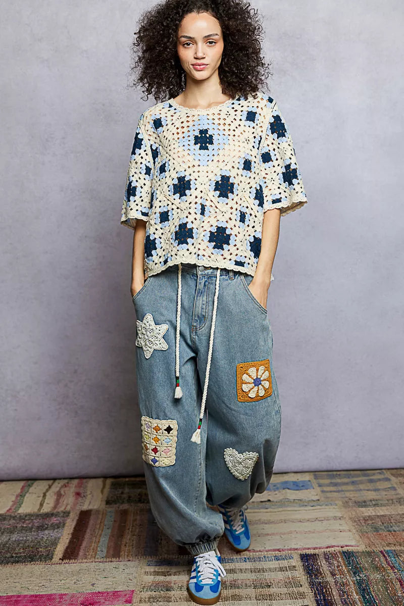 POL Round Neck Short Sleeve Color Pattern Crochet Top with Border Accents - Tigbul's Variety Fashion Shop