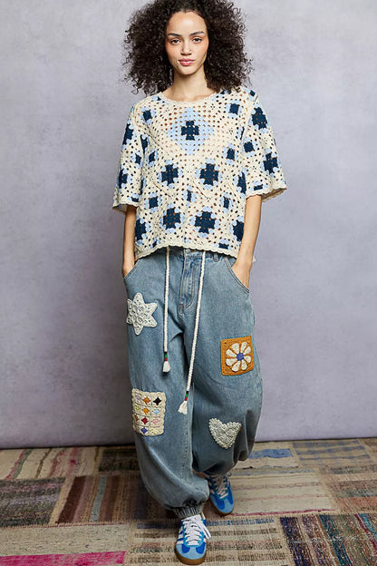 POL Round Neck Short Sleeve Color Pattern Crochet Top with Border Accents - Tigbul's Variety Fashion Shop