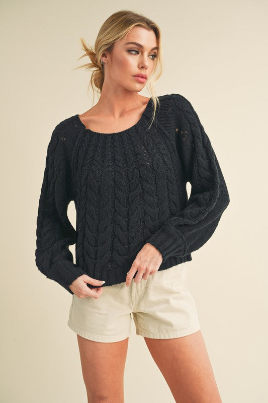 Black Cable-Knit Openwork Round Neck Sweater | Tigbuls