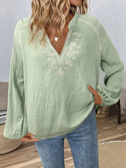 Paisley Pattern Notched Long Sleeve Blouse - Tigbul's Variety Fashion Shop