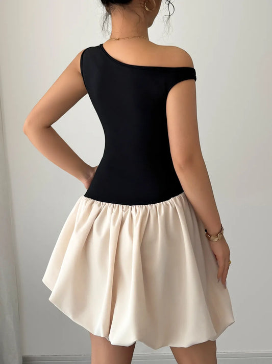 Contrast Single Shoulder Mini Tank Dress - Tigbul's Variety Fashion Shop