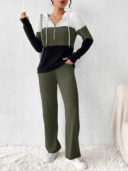 Color Block Half Zip Hooded Top and Pants Set - Tigbul's Variety Fashion Shop