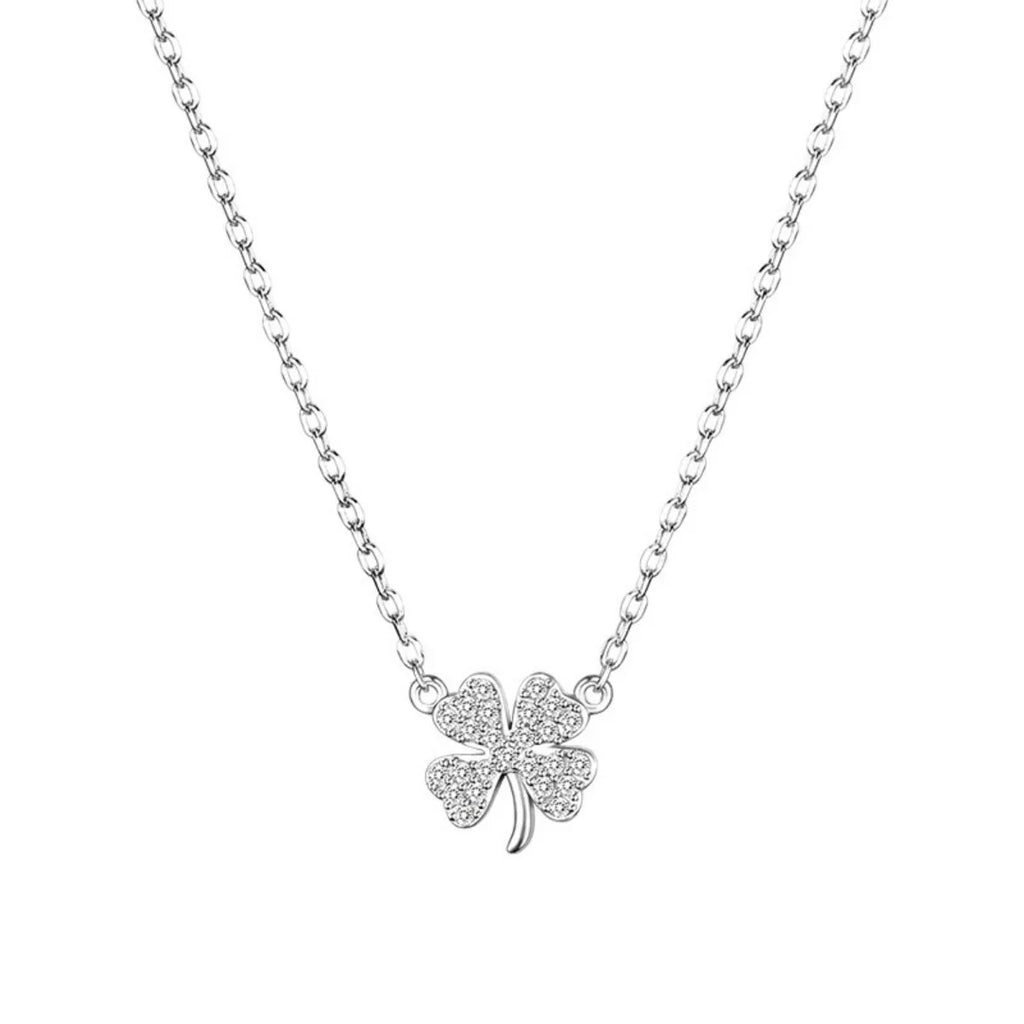 Silver four-leaf clover zircon pendant necklace with full chain view
