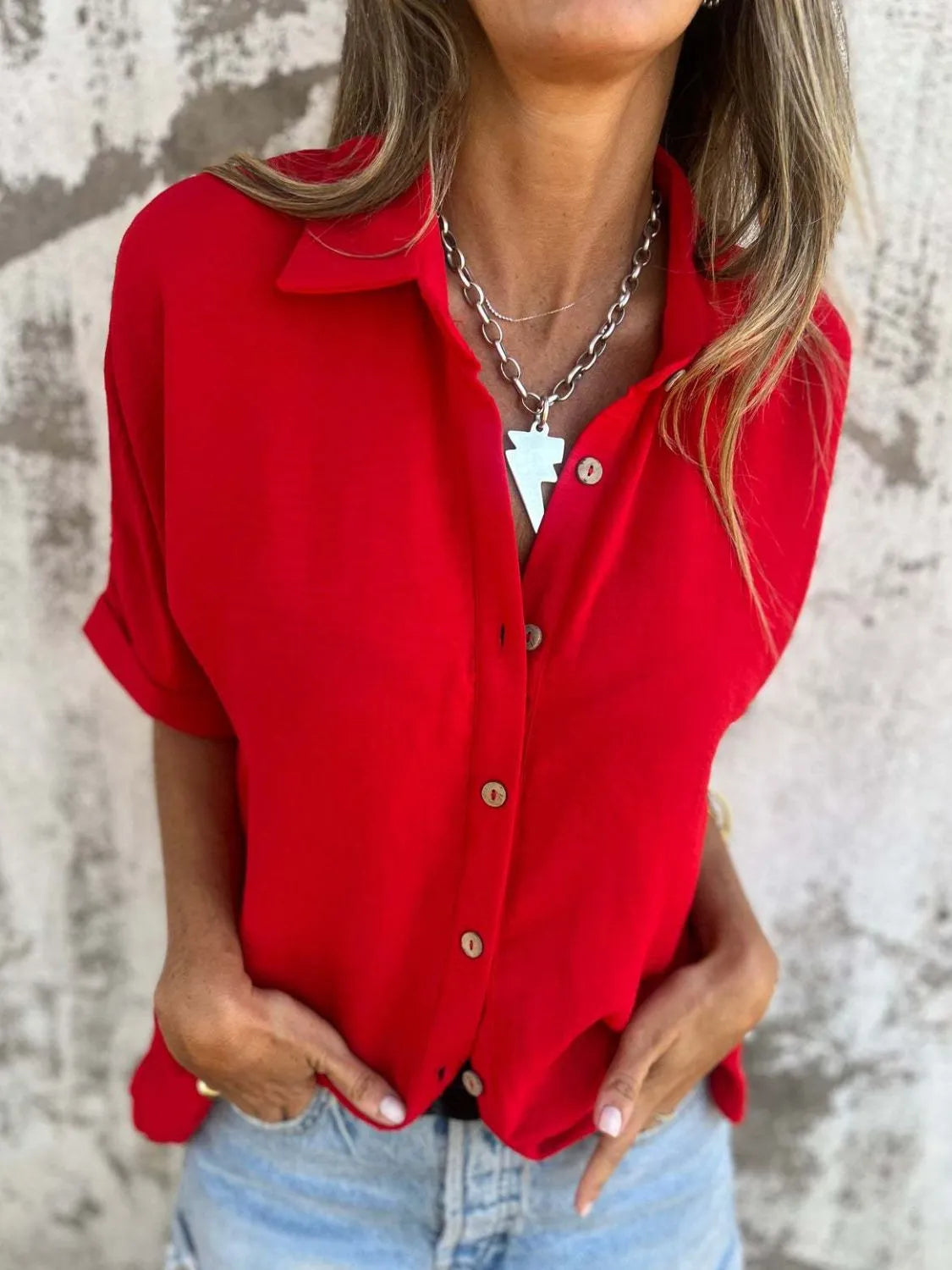 Full Size Collared Neck Half Sleeve Shirt - Tigbul's Variety Fashion Shop