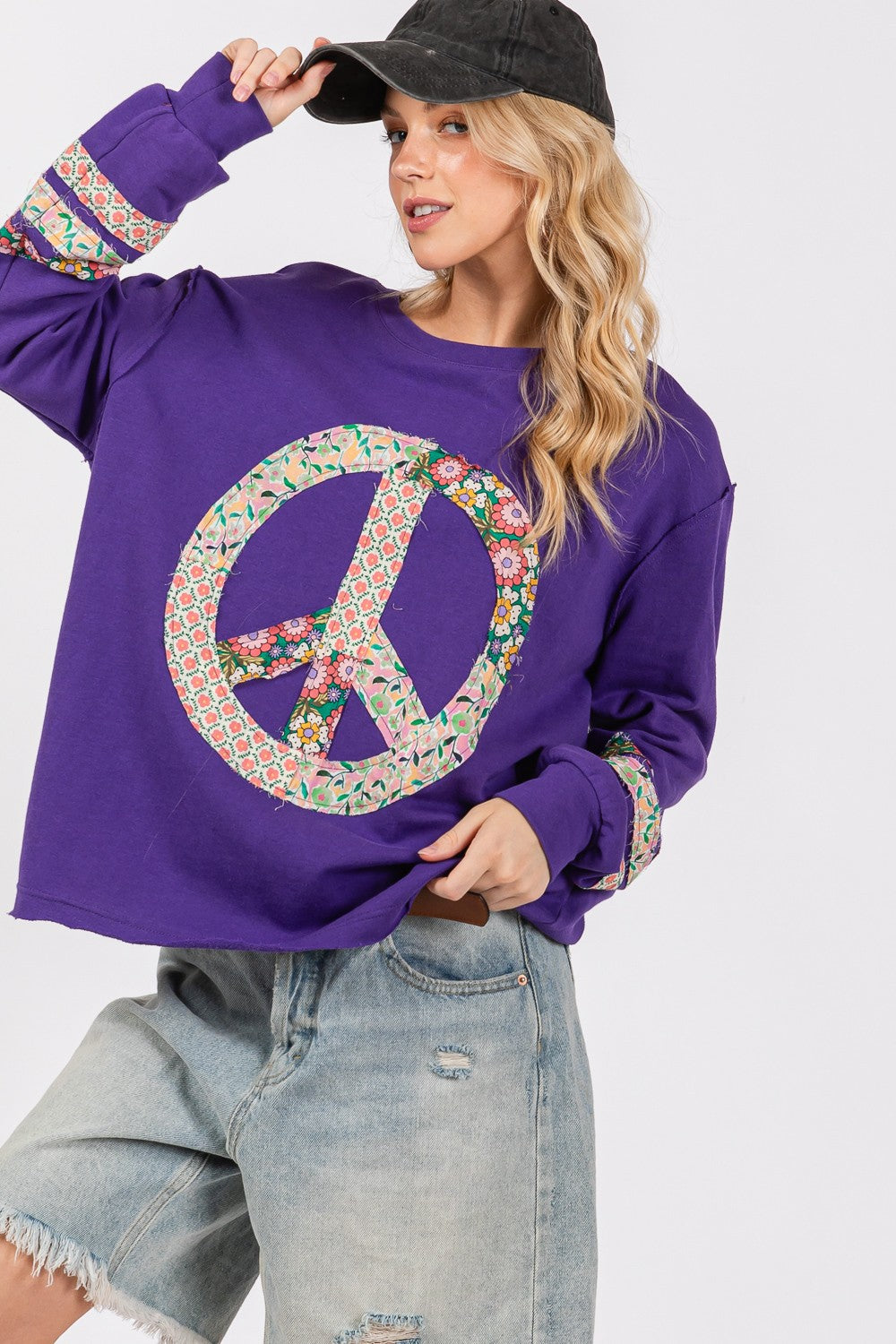 Peace Applique Patch Long Sleeve Top - Tigbul's Variety Fashion Shop