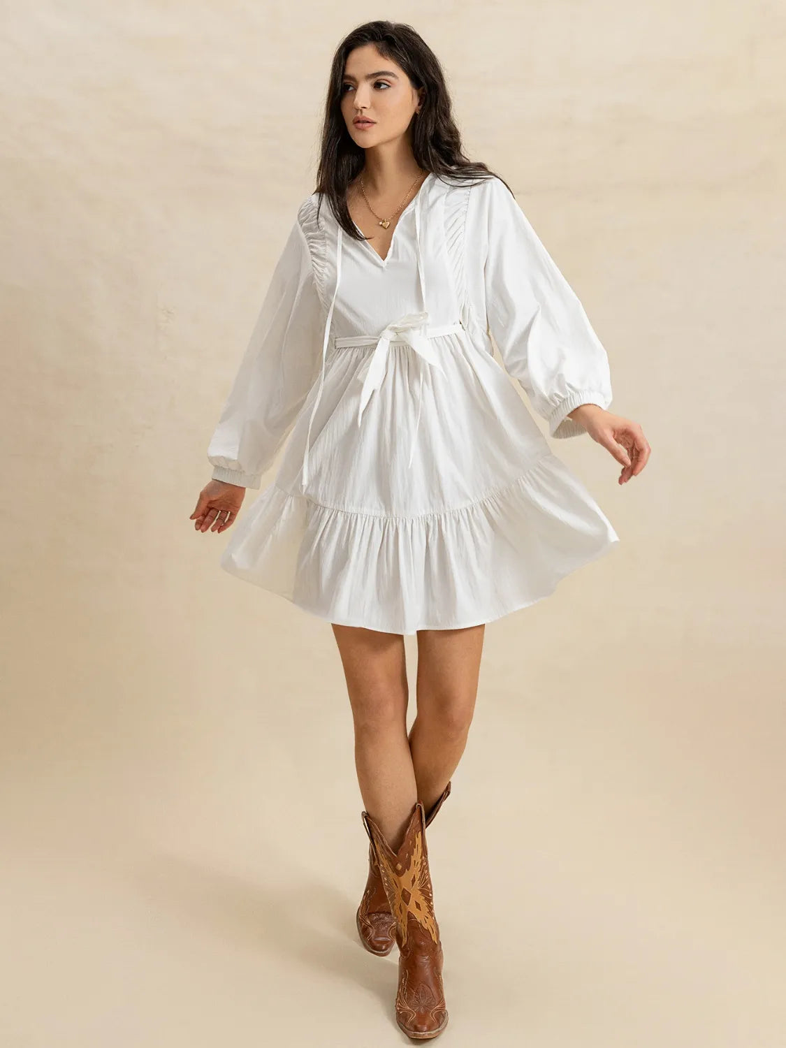 Tiered Tie Neck Long Sleeve White Mini Dress - Tigbul's Variety Fashion Shop