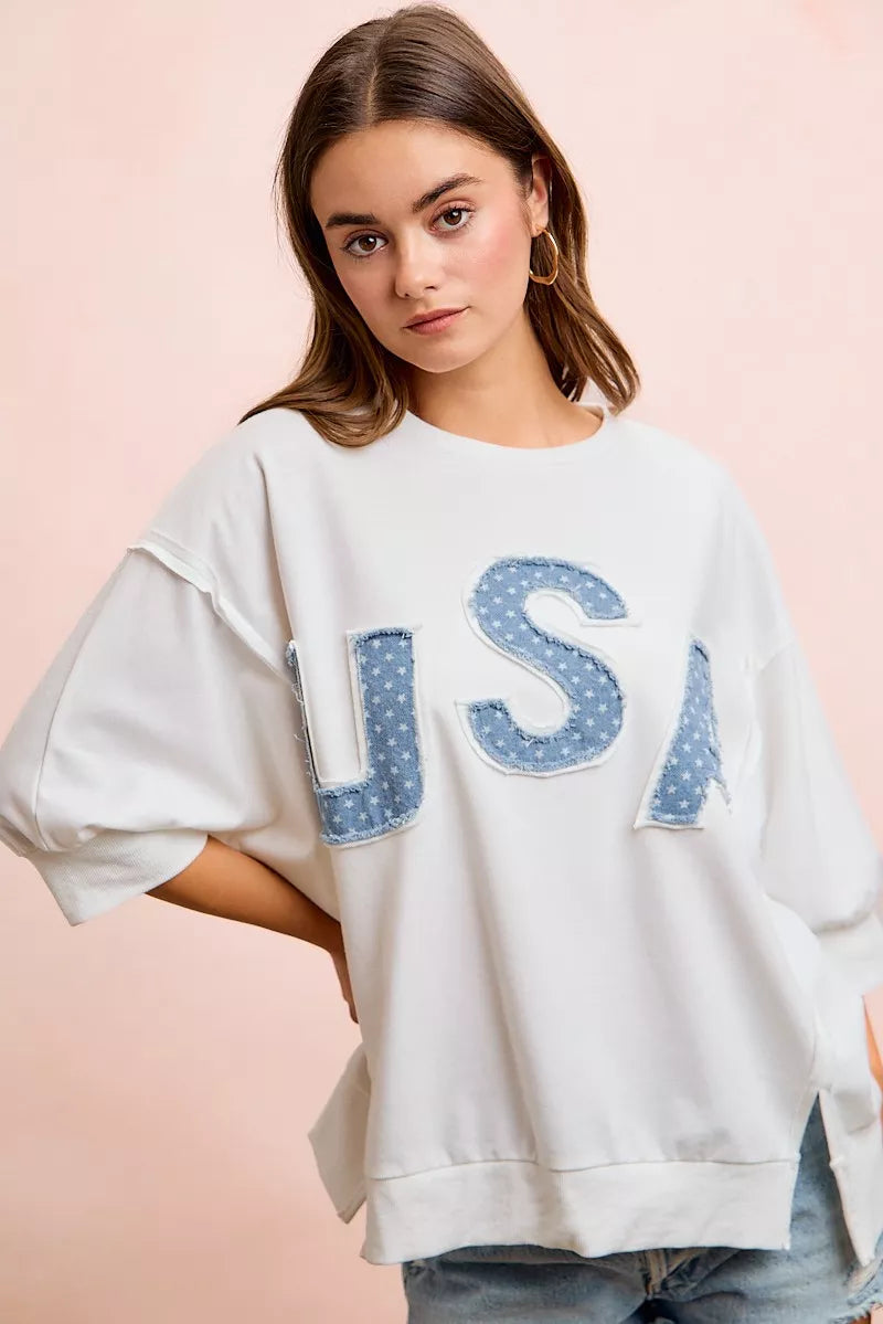 USA Letter Patchwork White French Terry Top Women's | Tigbuls Fashion