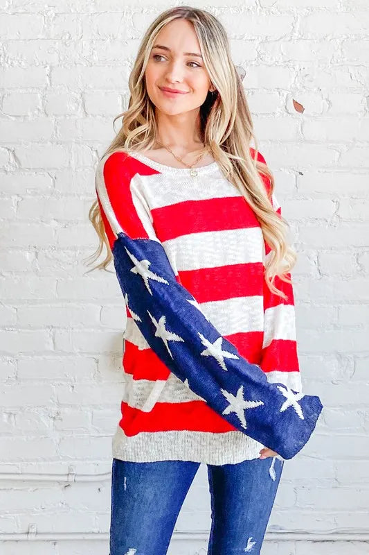 Red/Navy American Flag Long Sleeve Sweater - Tigbul's Variety Fashion Shop