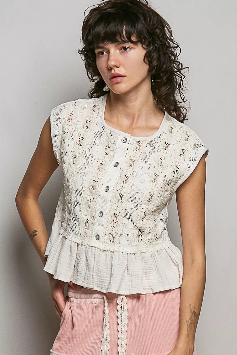 POL Round Neck Lace Sleeveless Top with Double Gauze Ruffle | Tigbuls