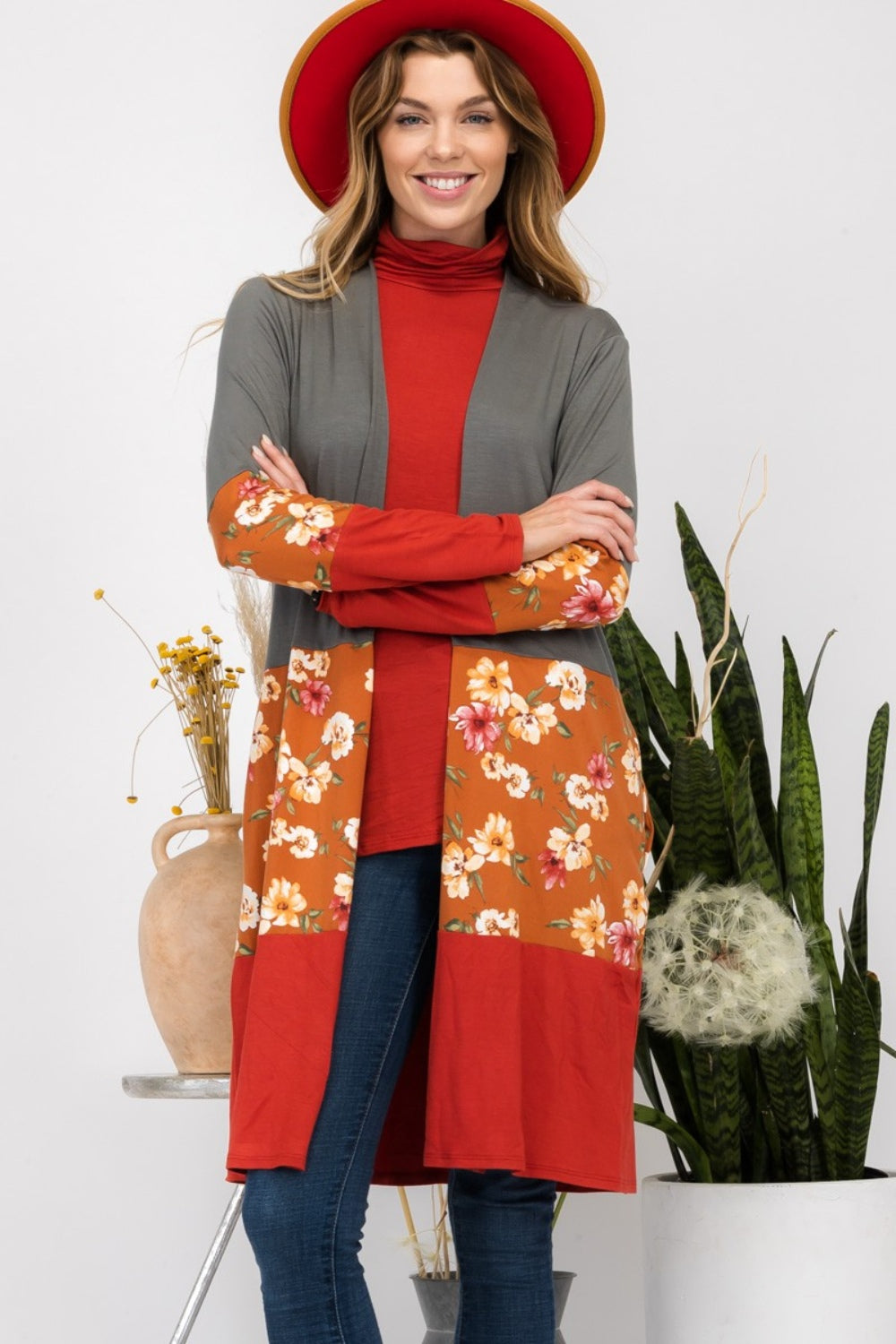 Celeste Full Size Floral Color Block Open Front Cardigan - Tigbul's Variety Fashion Shop