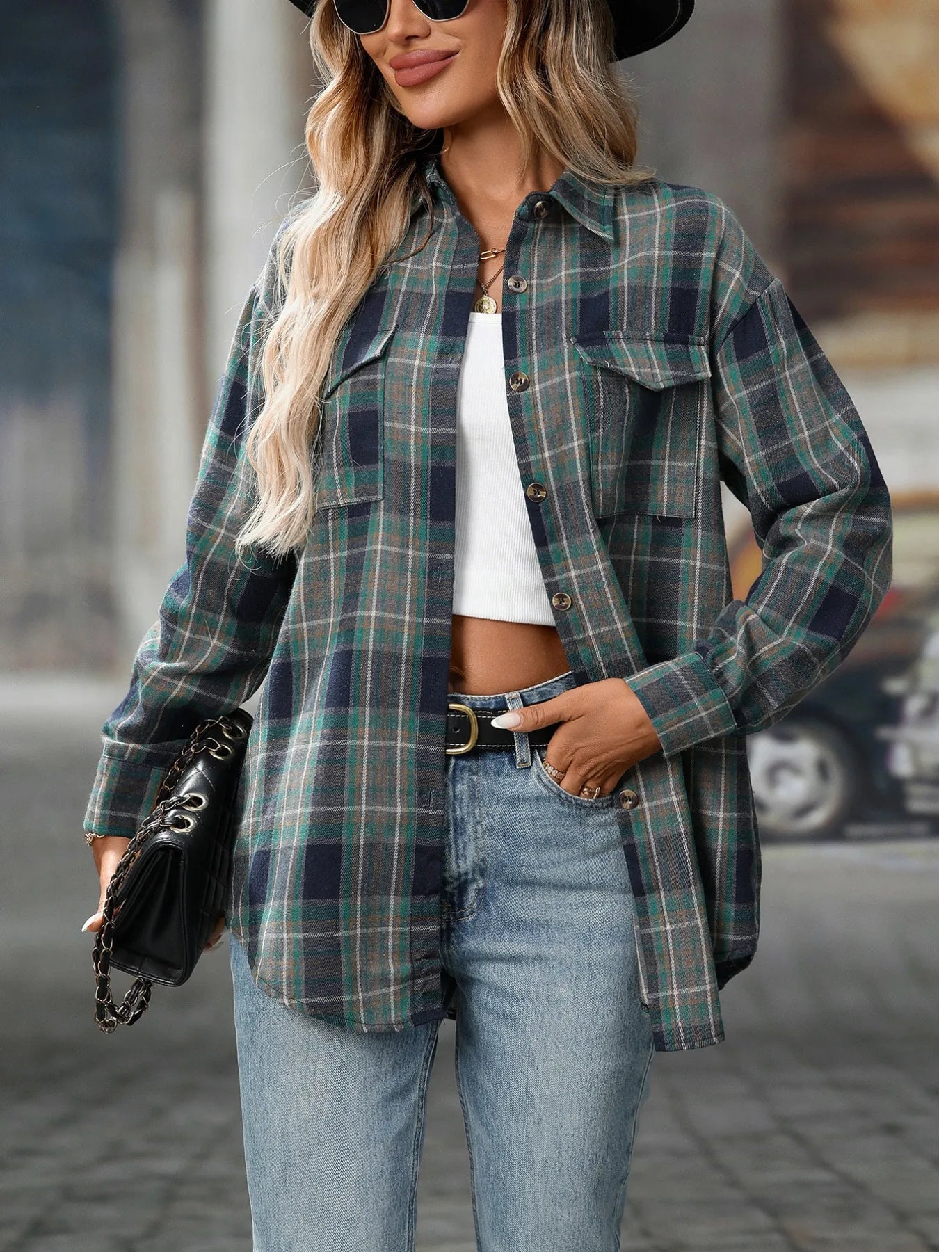 Oversized Plaid Button-Up Shirt - Tigbul's Variety Fashion Shop