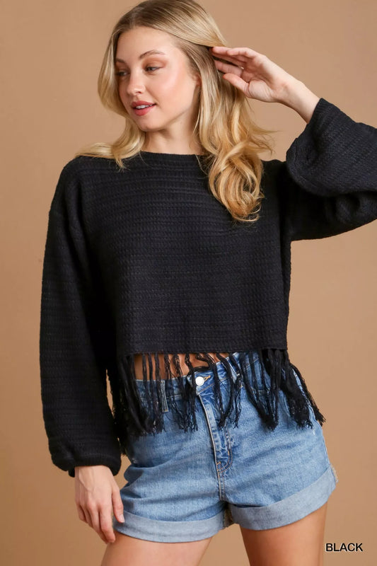 Umgee Crochet Knit Crop Top with Frey Hem - Tigbul's Variety Fashion Shop