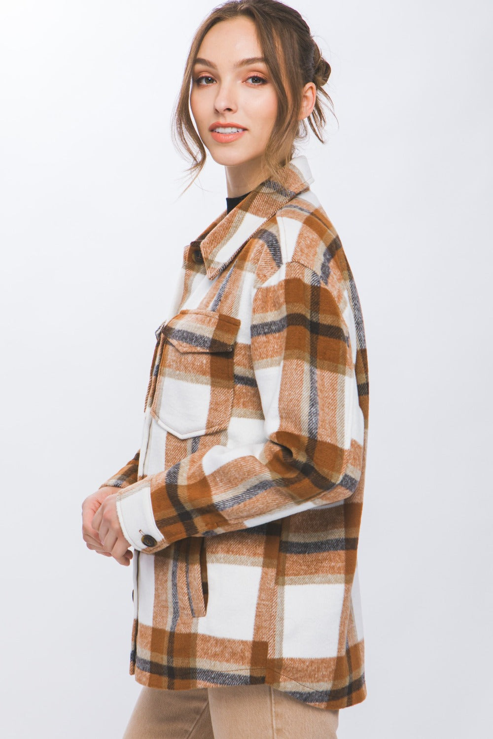 Tan Plaid Button Up Shacket | Tigbuls Variety Fashion