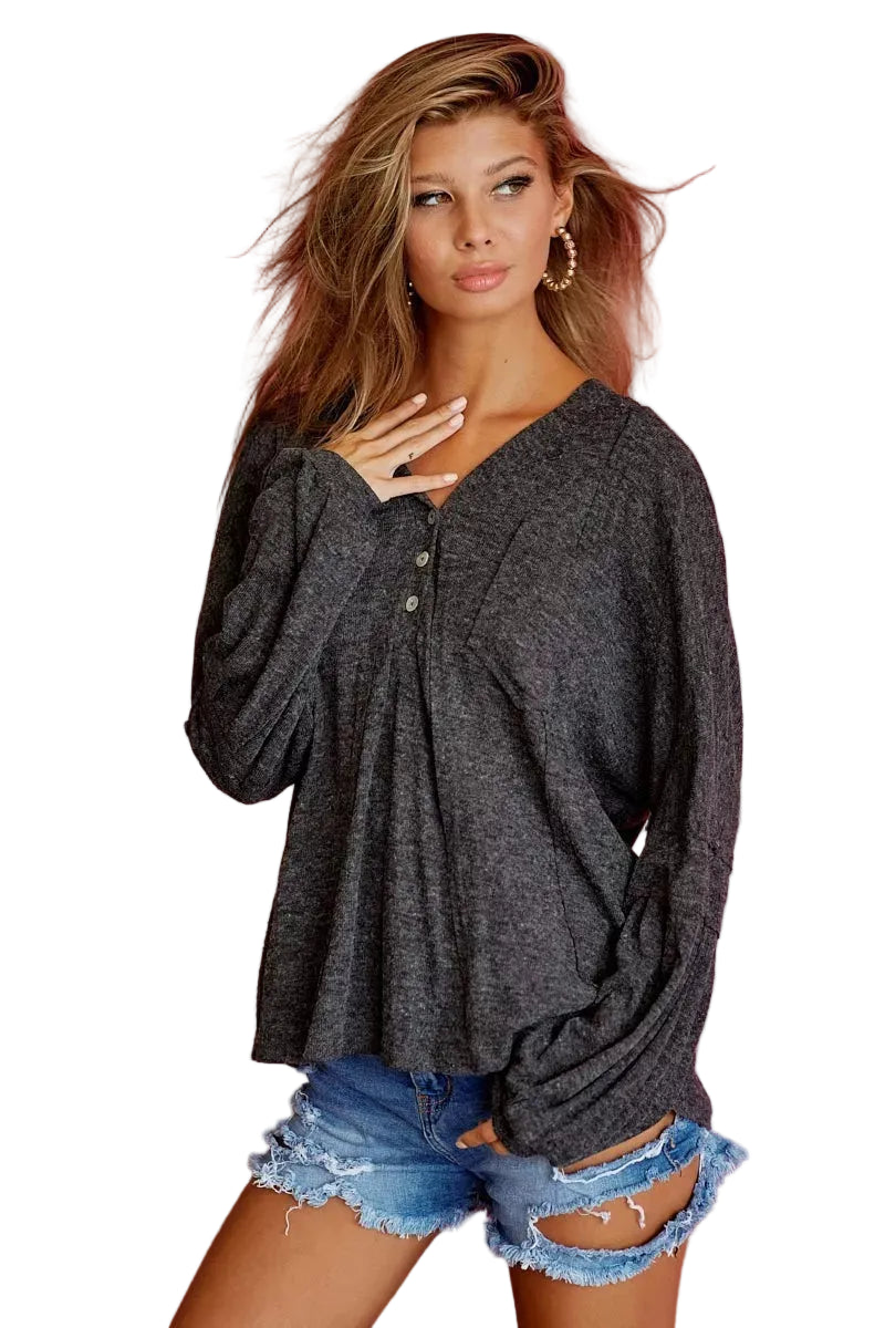 Charcoal dark gray knit hoodie with hood and buttoned placket at the center