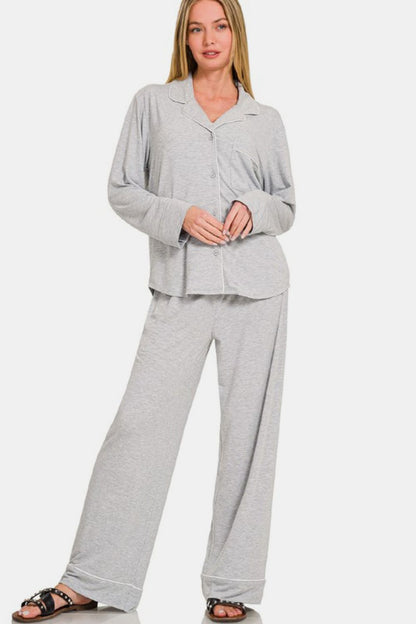 Zenana Button Down Long Sleeve Top and Pants Lounge Set - Tigbul's Variety Fashion Shop