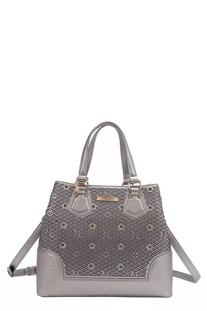 Nicole Lee USA Monogram Pattern Handbag with Rhinestones Decor - Tigbul's Variety Fashion Shop