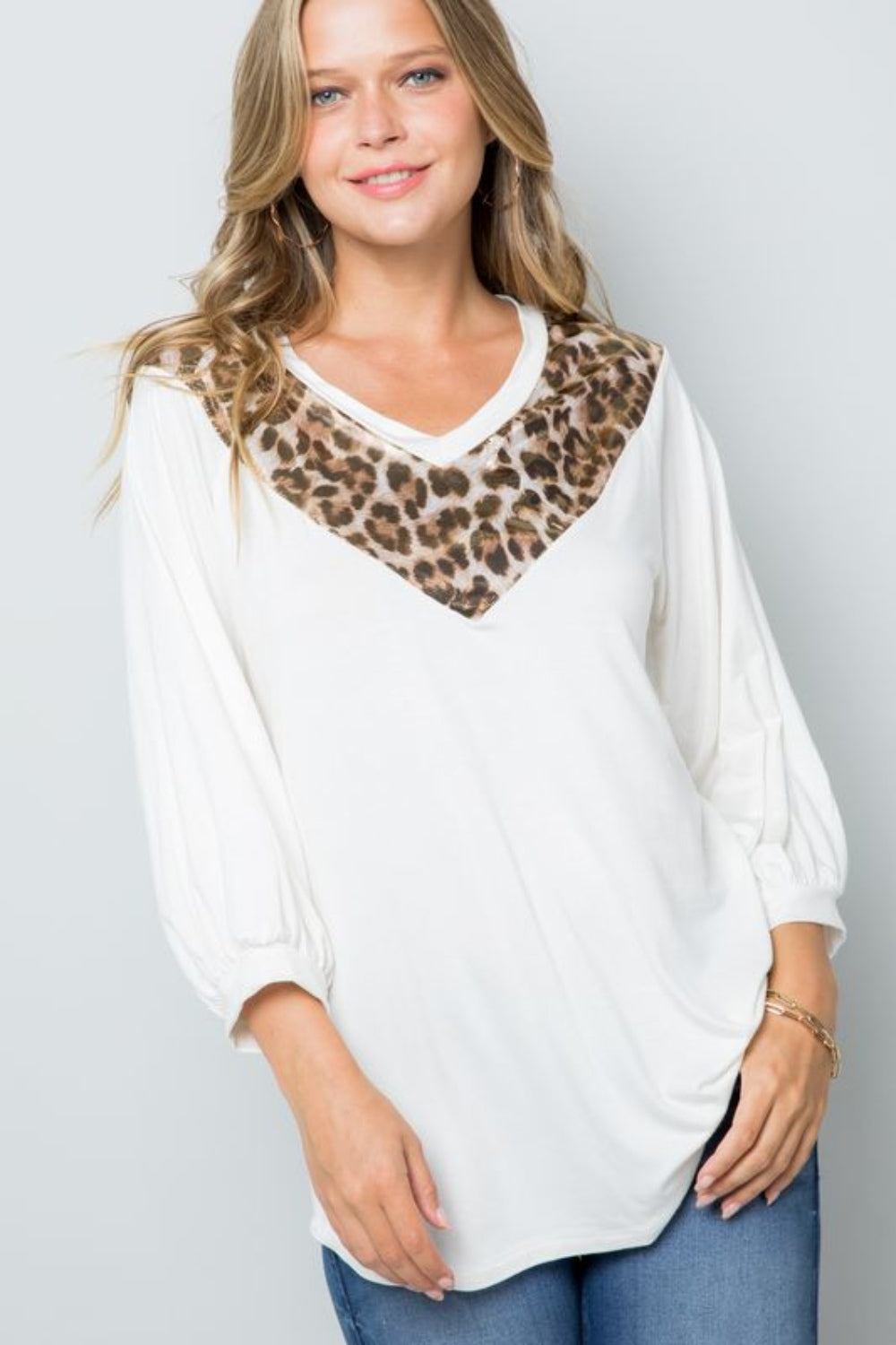 Celeste Full Size Leopard Contrast Balloon Sleeve Top - Tigbul's Variety Fashion Shop