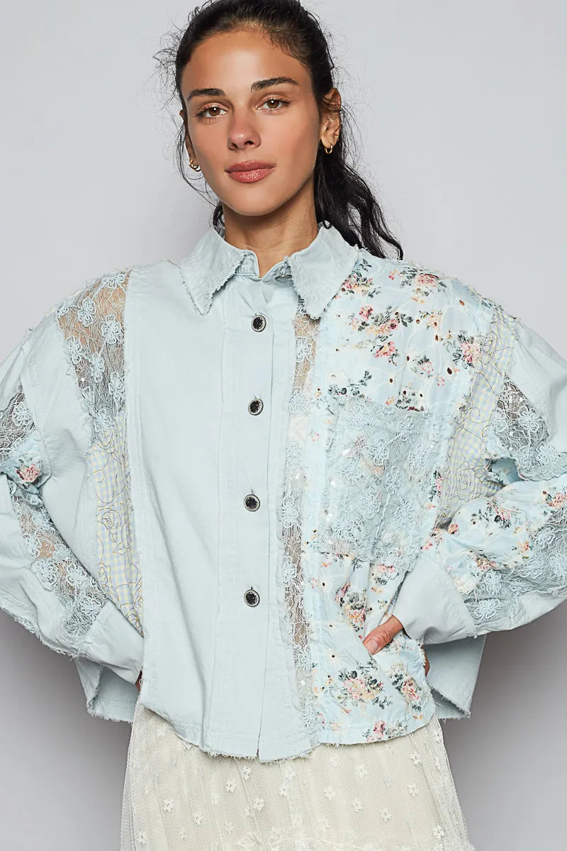 POL Blue Floral Long Sleeve Shirt with Lace Panel Details - Tigbul's Variety Fashion Shop