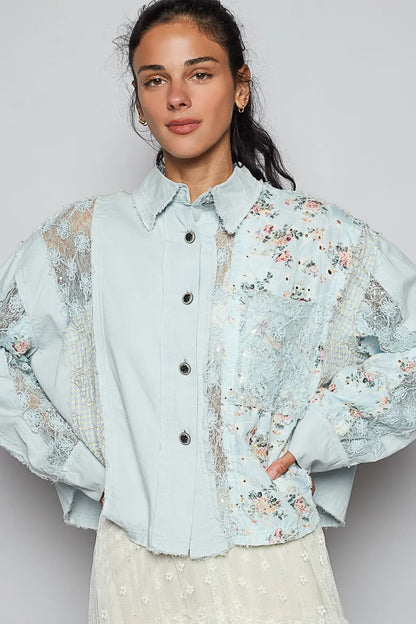 POL Blue Floral Long Sleeve Shirt with Lace Panel Details - Tigbul's Variety Fashion Shop
