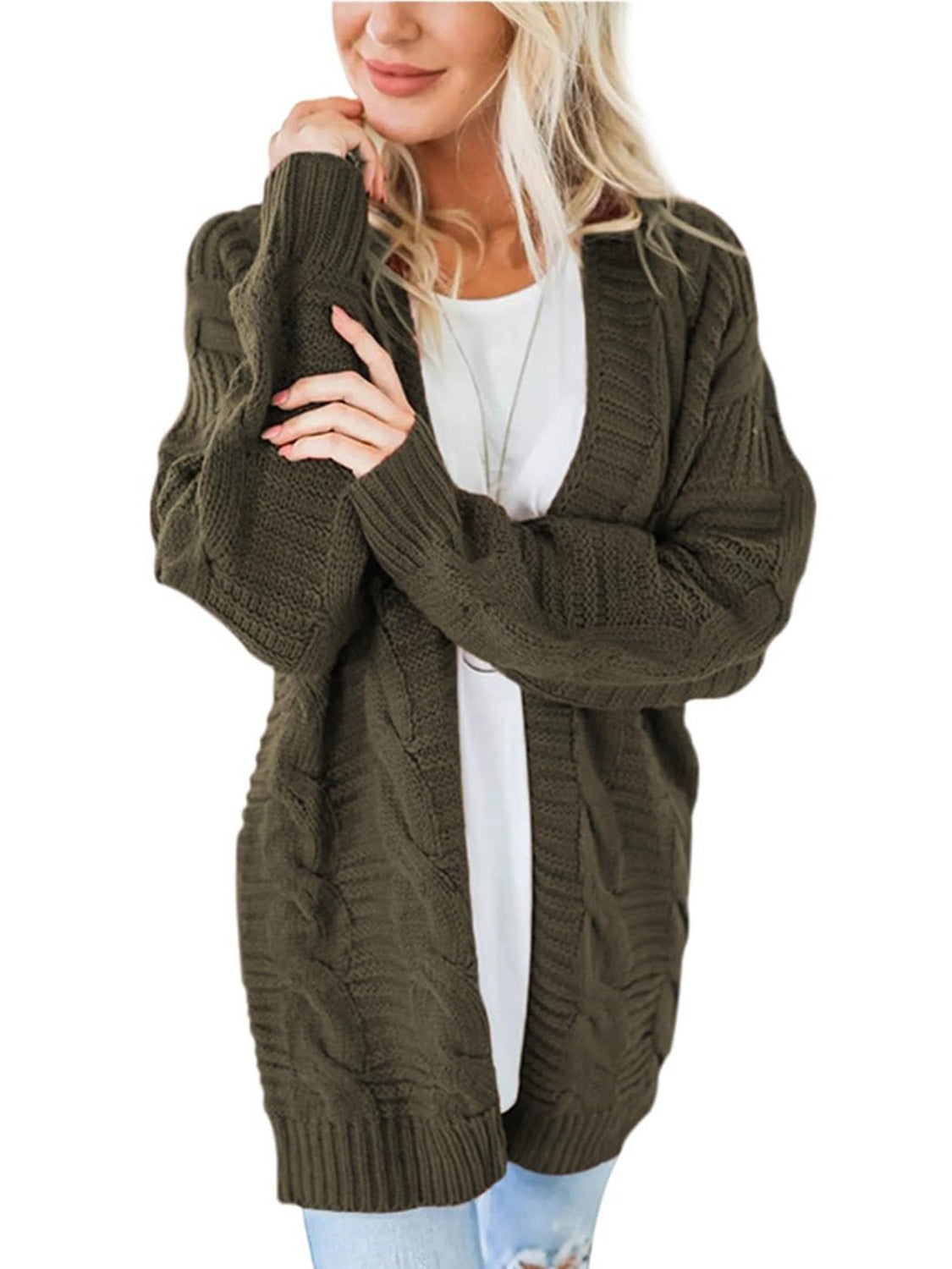 Cable-Knit Open Front Long Sleeve Cardigan - Tigbul's Variety Fashion Shop