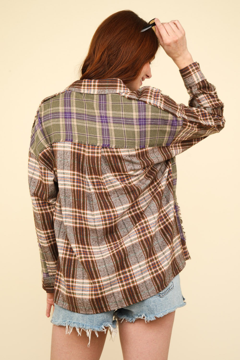 Contrast Plaid Raw Detail Shirt - Tigbul's Variety Fashion Shop