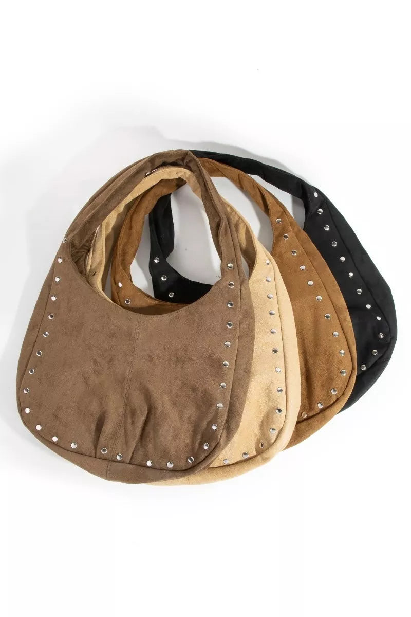Faux Suede Studded Trim Hobo Bag | Tigbuls Variety Fashion Shop