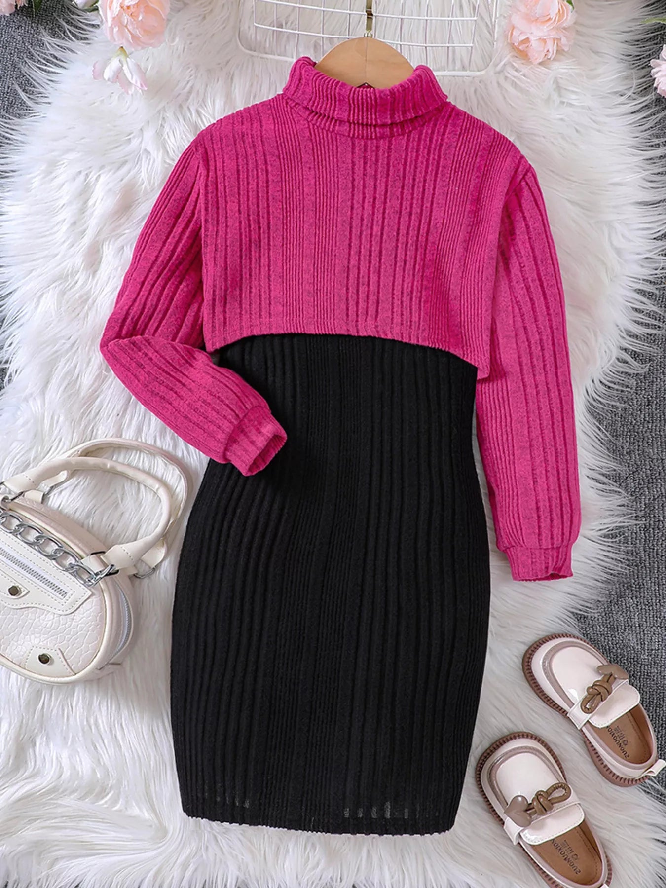 Children's Girls Ribbed Knit Two-Tone Dress Set - Tigbuls Variety