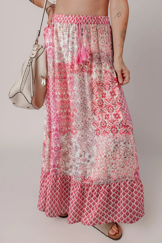 Printed Tassel Drawstring Pink High Waist Maxi Skirt - Tigbul's Variety Fashion Shop