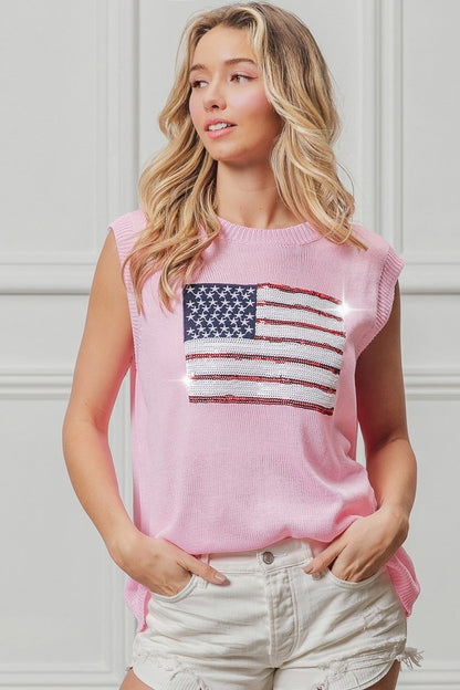 American Flag Sequins Patch Sleeveless Pink Knit Top | Tigbuls