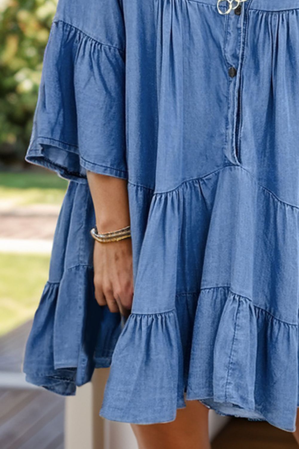 Notched Flare Sleeve Denim Dress - Tigbul's Variety Fashion Shop