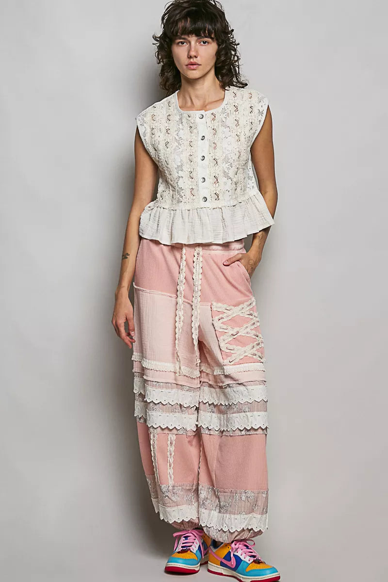 POL Round Neck Lace Sleeveless Top with Double Gauze Ruffle | Tigbuls