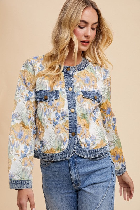 Annie Wear Floral Jacquard Denim Contrast Button Down Jacket - Tigbul's Variety Fashion Shop