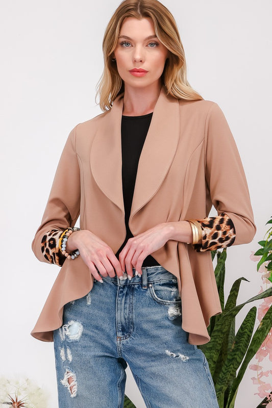 Celeste Full Size Rolled Leopard Cuff Open Front Blazer - Tigbul's Variety Fashion Shop