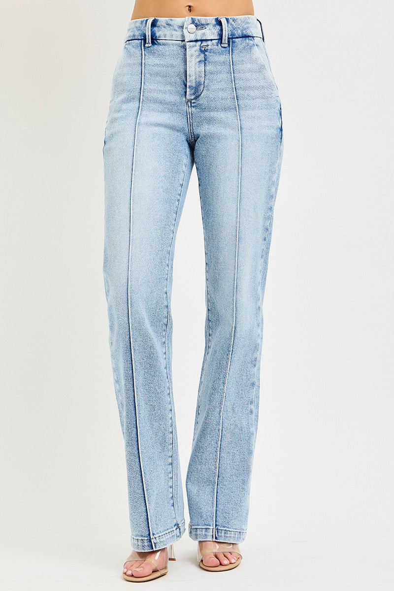 Light wash high-rise straight jeans, front view: belt loops and ankle-length hem