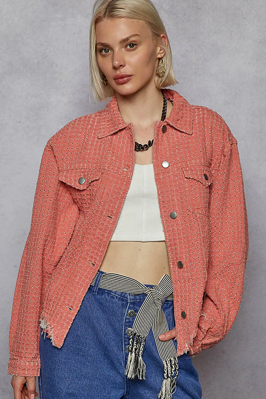 POL Raw Hem Button Up Jacket with Chest Pockets - Tigbul's Variety Fashion Shop