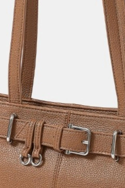 Fame Belt Strap Textured Faux Leather Shoulder Bag - Tigbul's Variety Fashion Shop