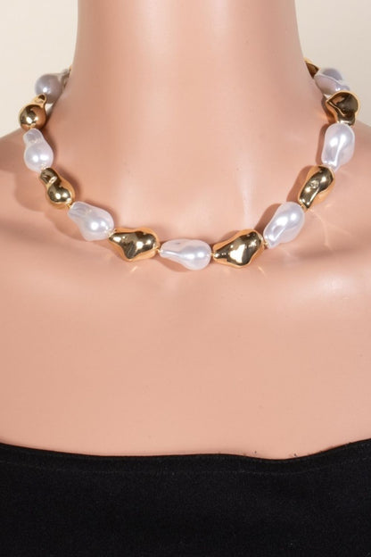 Synthetic Pearl and Metallic Beaded Necklace - Tigbul's Variety Fashion Shop