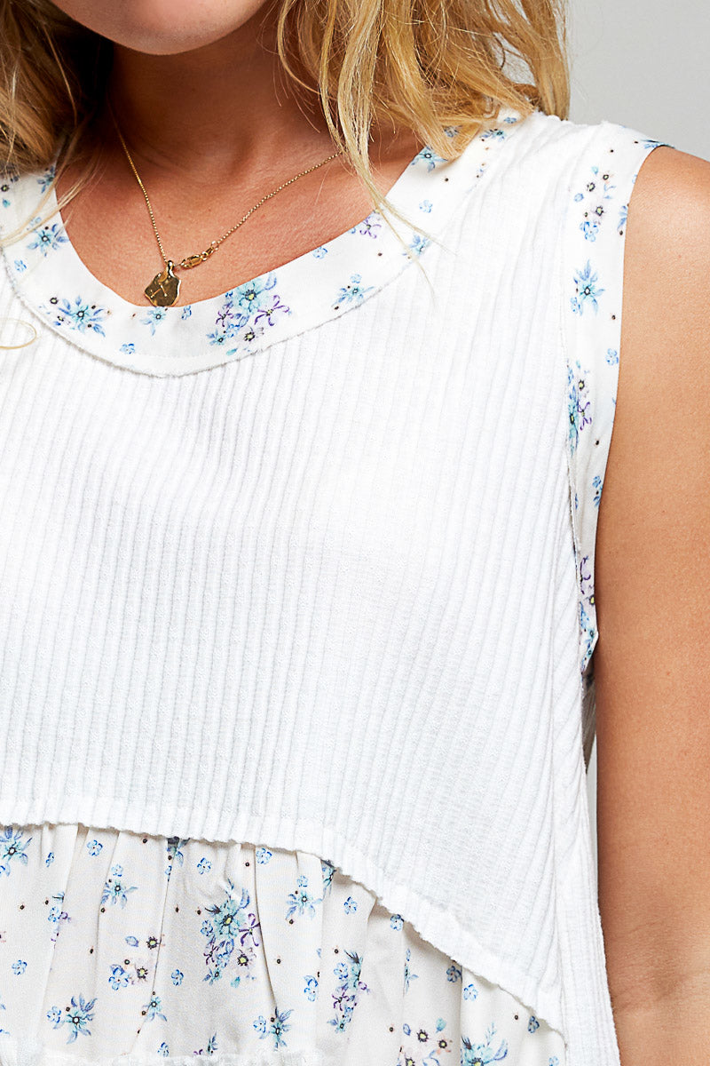 Floral Print Patch Ribbed Tank with Double Gauze Ruffle Accents | Tigbuls